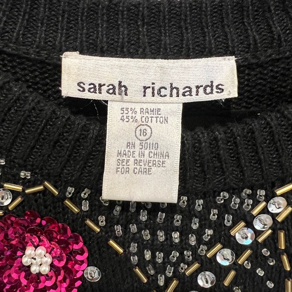 Vintage 80s Black Knit Sweater Dress Vibrant Sequin Butterflies Flowers Size 16 - Picture 6 of 6